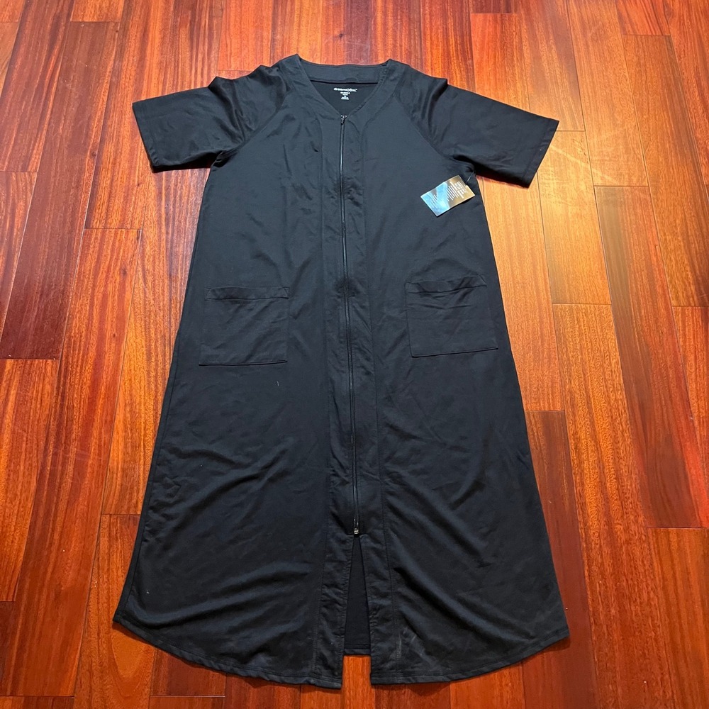Dreams & Co Robe Womens 14/16 M Zip Front House Dress Black Pockets 06-0645-9